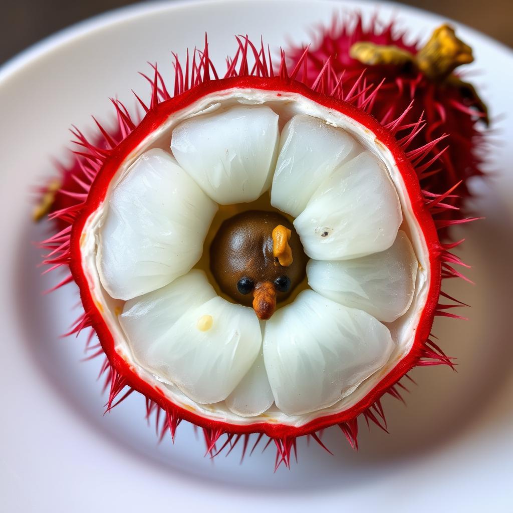 Przekrojony rambutan ukazujący biały, soczysty miąższ i ciemną pestkę w środku Przekrojony rambutan ukazujący biały, soczysty miąższ i ciemną pestkę w środku