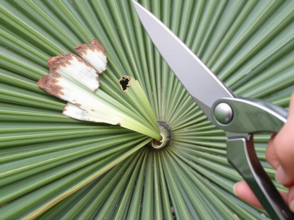 Przycinanie uszkodzonego liścia palmy wachlarzowej czystym sekatorem