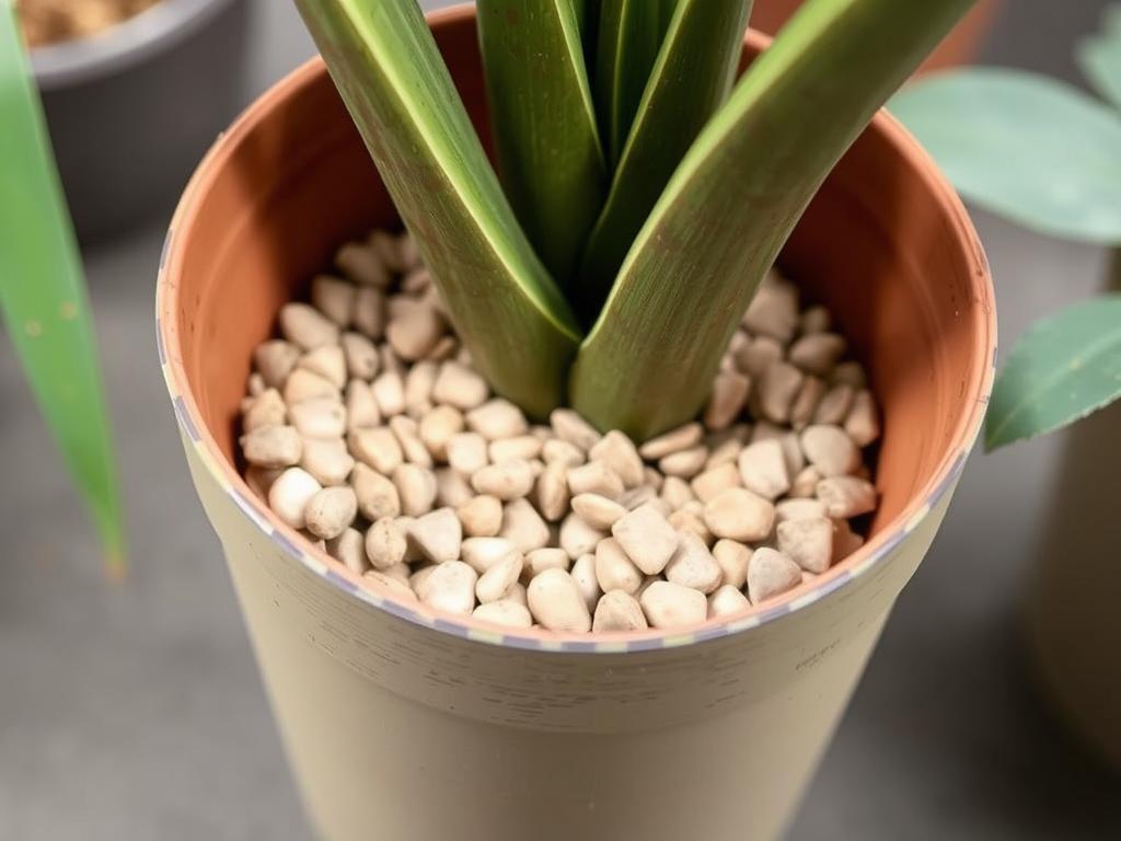 Przygotowanie drenażu w doniczce dla palmy butelkowej