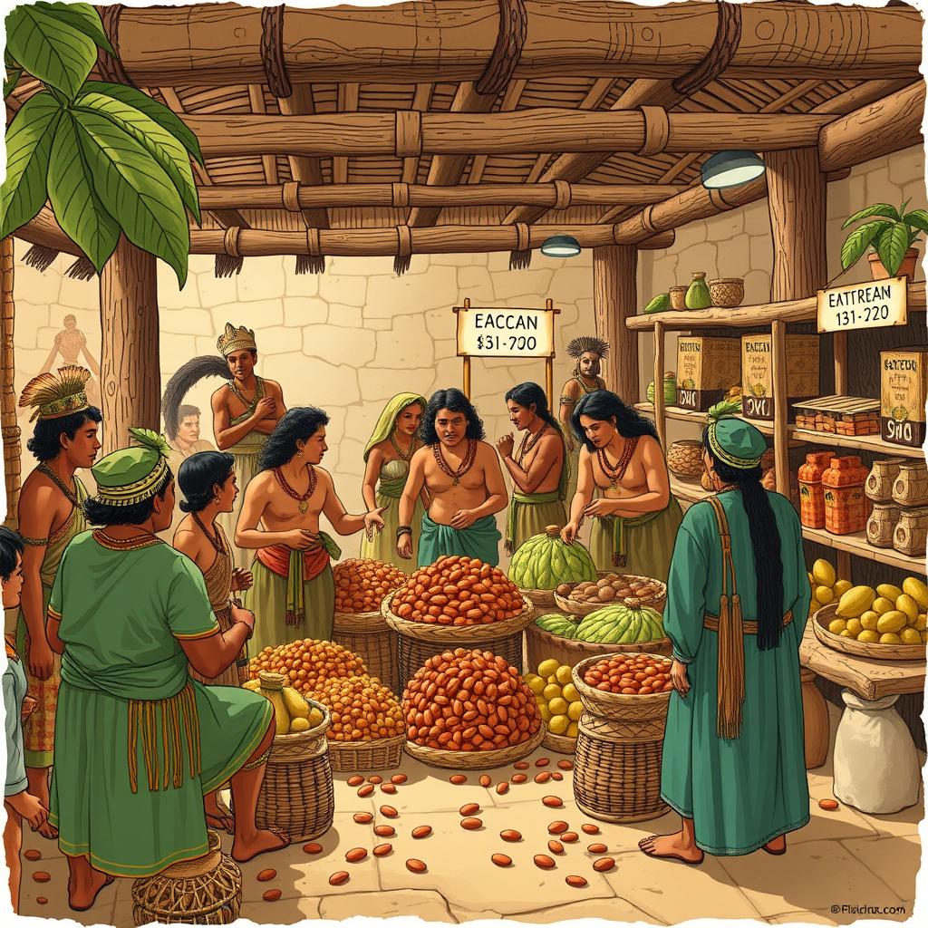 Rekonstrukcja azteckiego targu z ziarnami kakao używanymi jako waluta