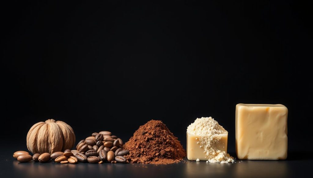 Różne etapy przetwarzania ziaren kakaowca - od surowych ziaren po proszek kakaowy