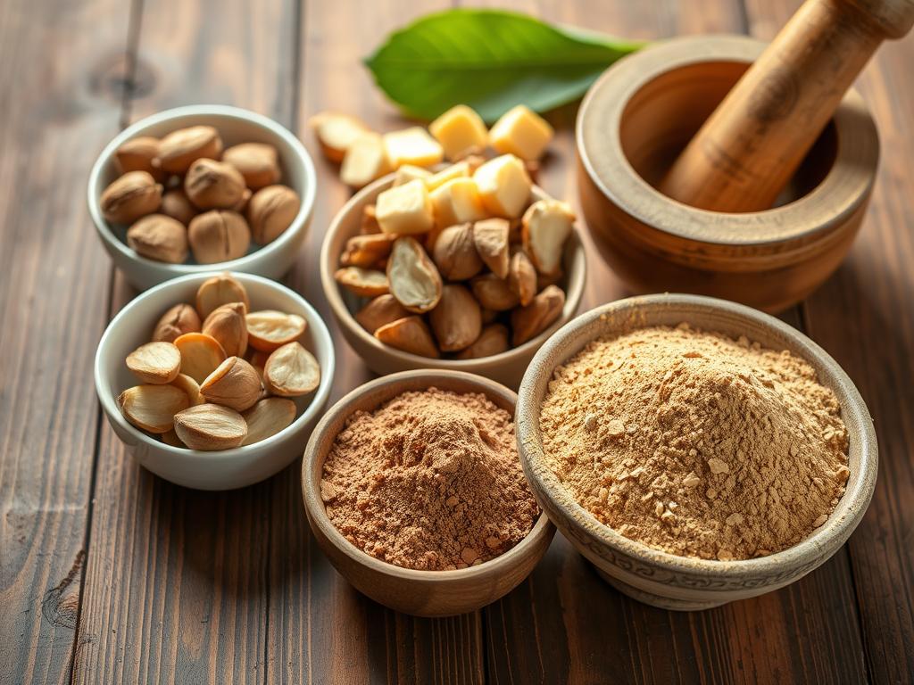 Różne formy orzechów kola - całe, krojone i sproszkowane