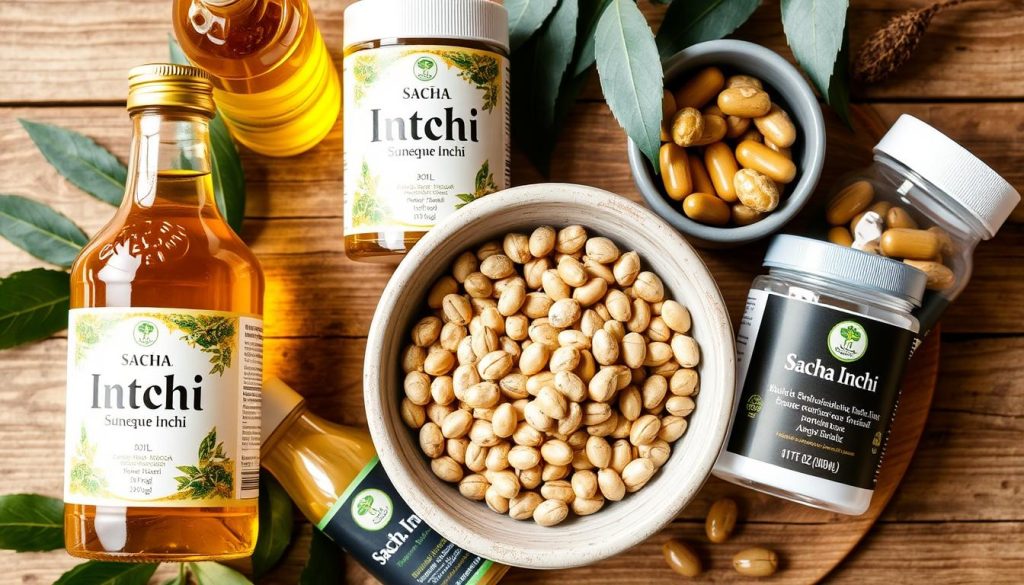 Różne produkty Sacha Inchi: olej, nasiona i kapsułki, pokazujące wszechstronność tego superfood Różne produkty Sacha Inchi: olej, nasiona i kapsułki, pokazujące wszechstronność tego superfood