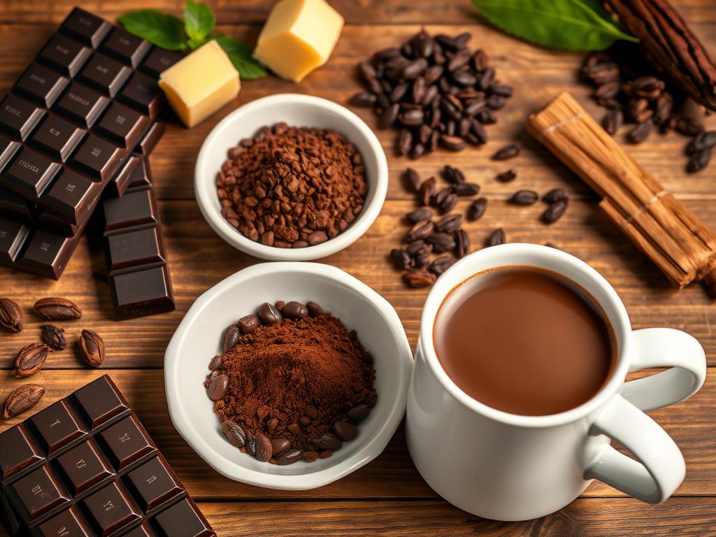 Różne produkty spożywcze z ziaren kakaowca - czekolada, proszek kakaowy, nibsy