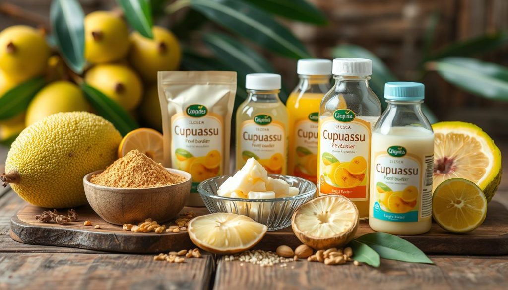 Różne produkty z Cupuassu: proszek, masło i sok Różne produkty z Cupuassu: proszek, masło i sok