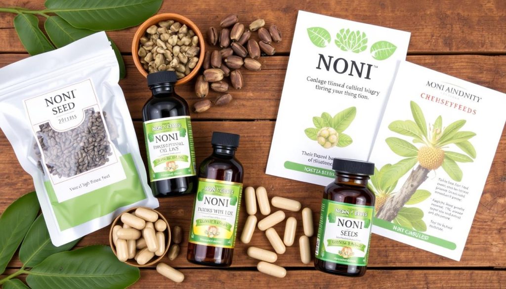 Różne produkty z nasion noni na drewnianym stole Różne produkty z nasion noni na drewnianym stole