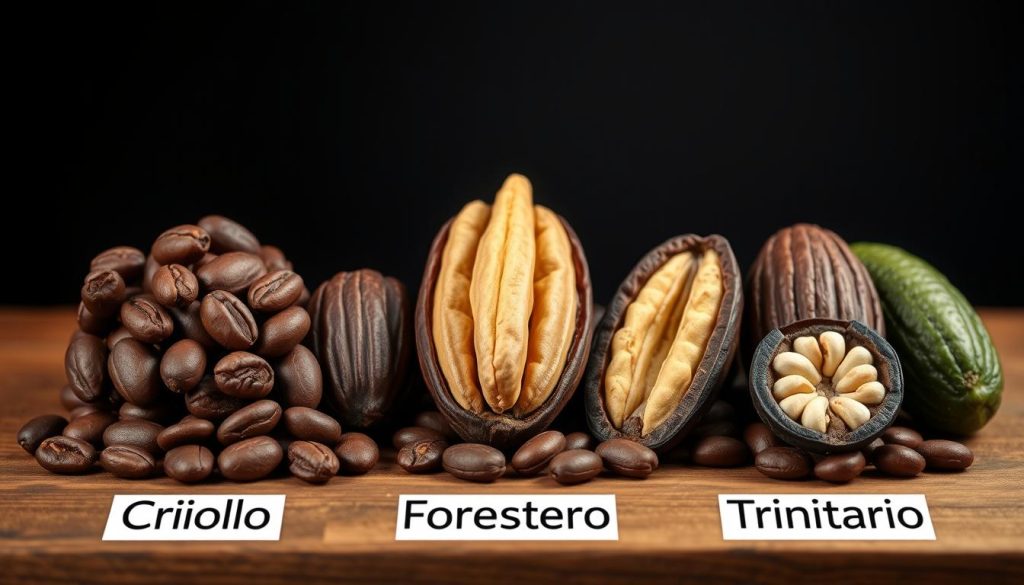 Różne rodzaje ziaren kakaowca o różnej jakości i pochodzeniu