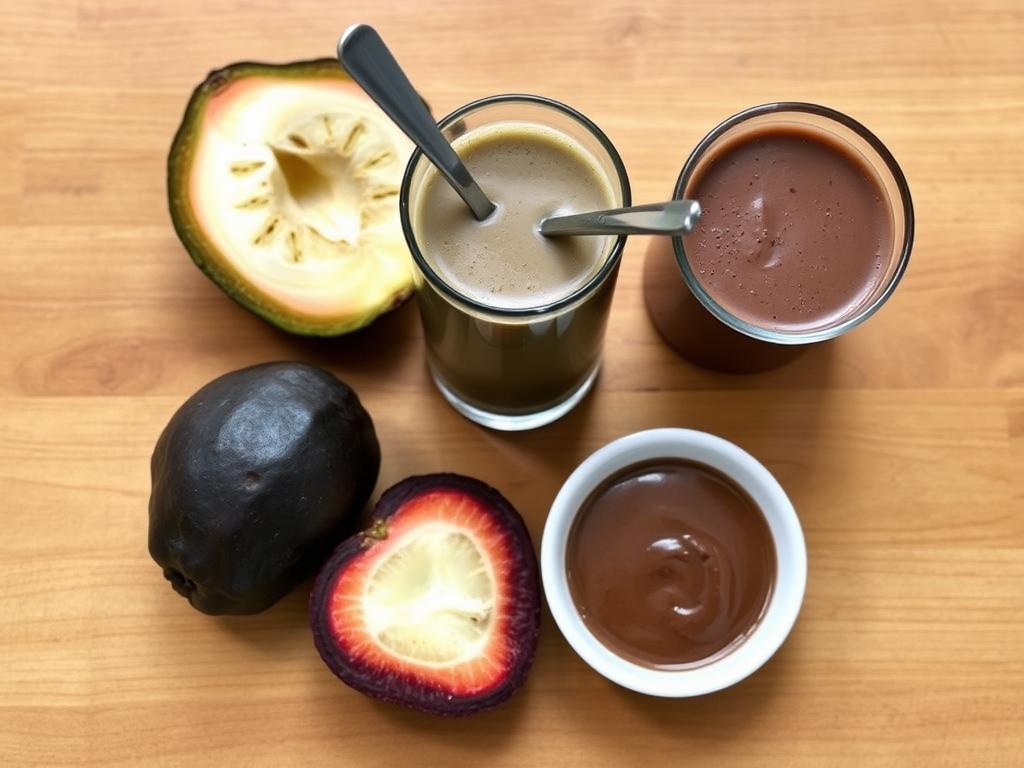 Różne sposoby podania czarnego sapote: na surowo, w koktajlu i jako składnik deseru Różne sposoby podania czarnego sapote: na surowo, w koktajlu i jako składnik deseru