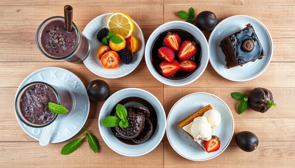 Różnorodne dania i desery przygotowane z czarnego sapote, pokazujące wszechstronność tego owocu Różnorodne dania i desery przygotowane z czarnego sapote, pokazujące wszechstronność tego owocu
