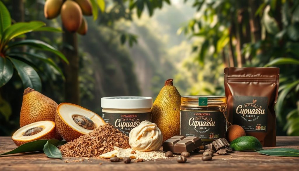 Różnorodne produkty z Cupuassu na tle amazońskiego krajobrazu Różnorodne produkty z Cupuassu na tle amazońskiego krajobrazu