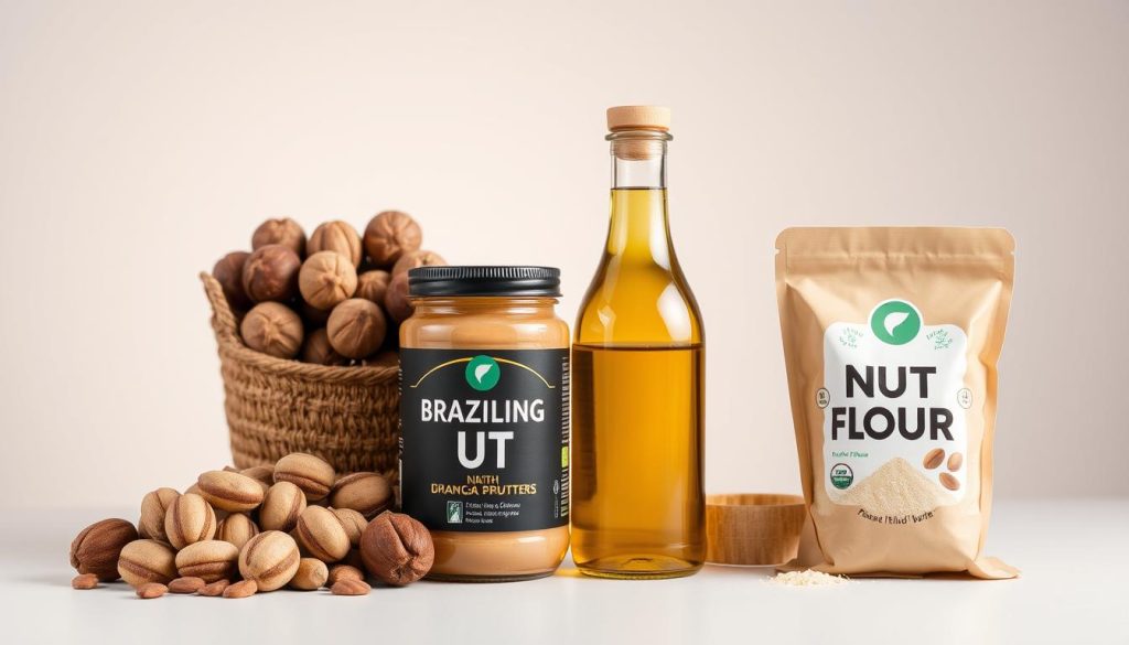 Różnorodne produkty z orzechów brazylijskich - całe orzechy, masło orzechowe, olej Różnorodne produkty z orzechów brazylijskich - całe orzechy, masło orzechowe, olej