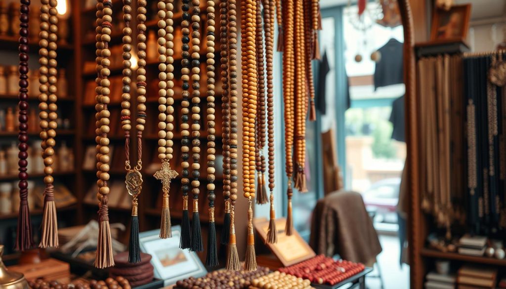 Sklep z dewocjonaliami oferujący różańce z modligroszka różańcowego