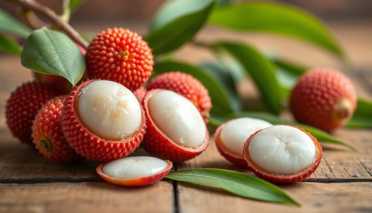 Świeże owoce liczi chińskie na drewnianym stole