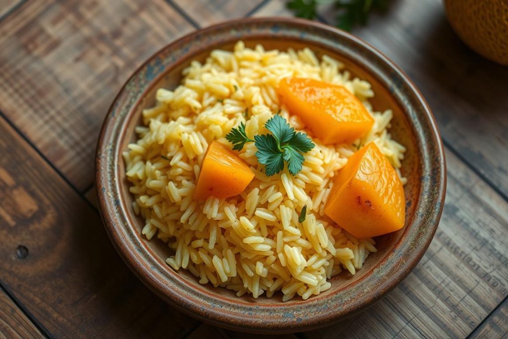 Tradycyjne danie Arroz com Pequi podane na ceramicznym talerzu