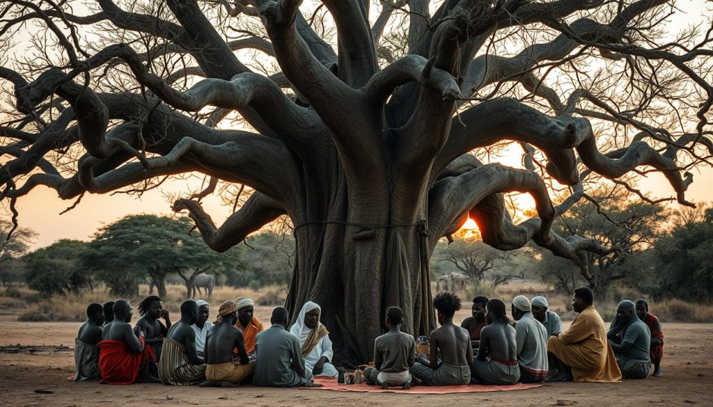 Tradycyjne spotkanie plemienne pod baobabem afrykańskim