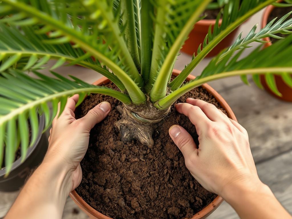 Uzupełnianie podłoża wokół korzeni palmy butelkowej