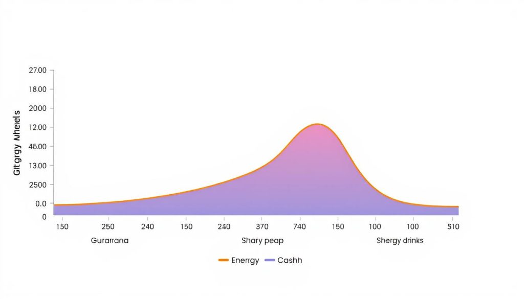 Wykres porównujący poziom energii po spożyciu guarany, kawy i napojów energetycznych w czasie Wykres porównujący poziom energii po spożyciu guarany, kawy i napojów energetycznych w czasie