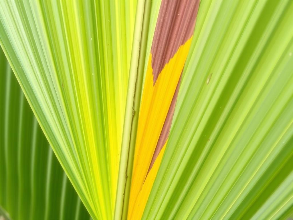 Zbliżenie na liść palmy wachlarzowej z objawami żółknięcia