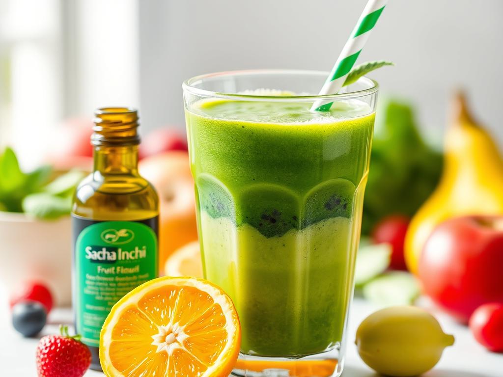 Zielone smoothie z dodatkiem oleju Sacha Inchi, bogate w składniki odżywcze Zielone smoothie z dodatkiem oleju Sacha Inchi, bogate w składniki odżywcze