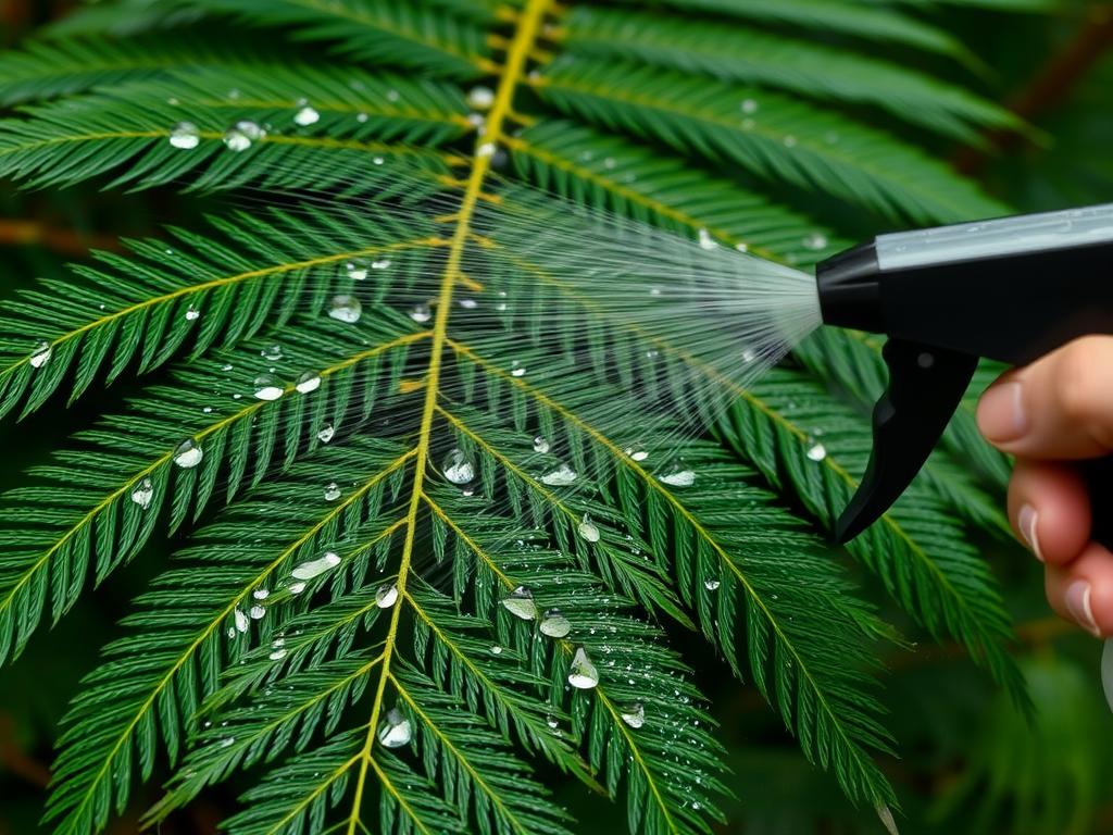 Zraszanie liści cykasa za pomocą zraszacza dla zwiększenia wilgotności